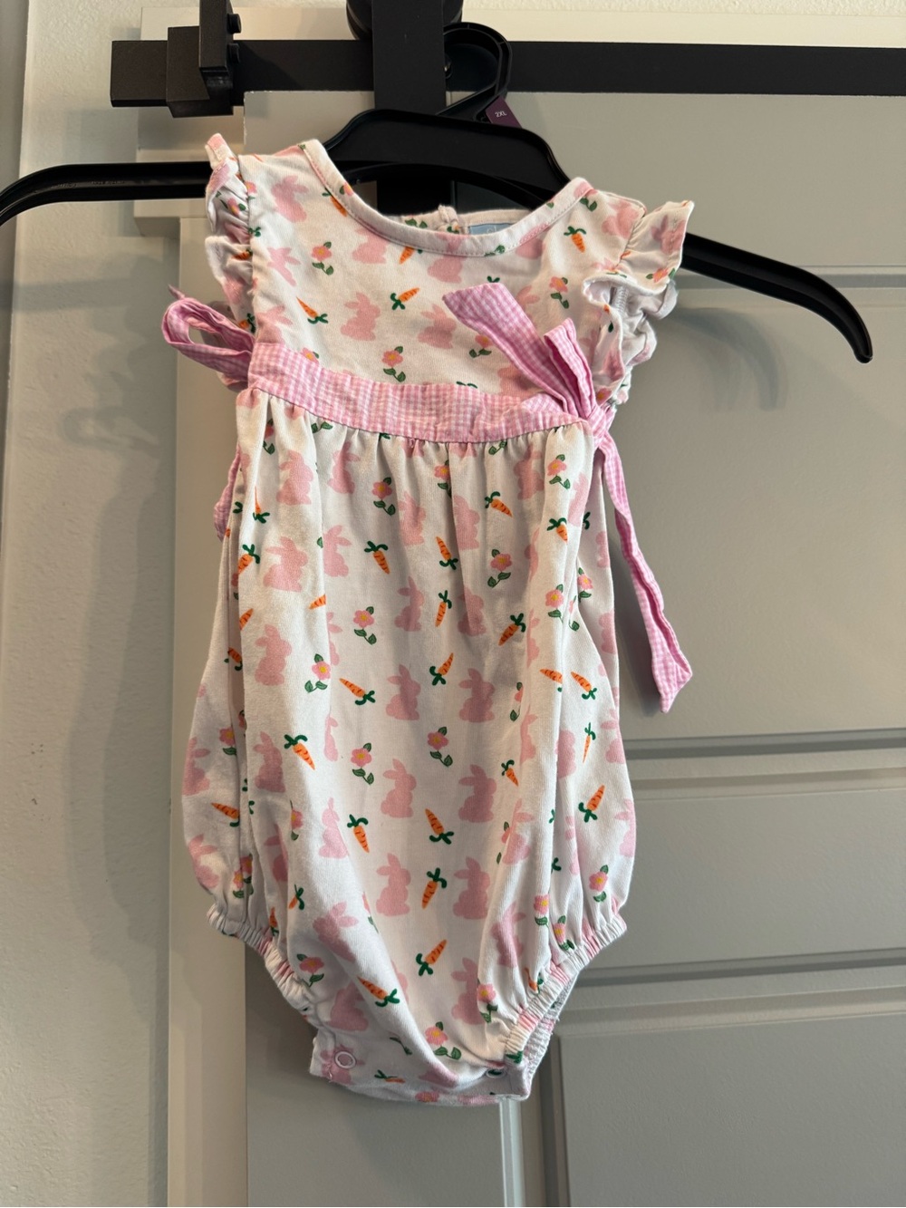 Classic Whimsy Pink Bunny & Carrot Print Baby Romper with Gingham Bow Accent
